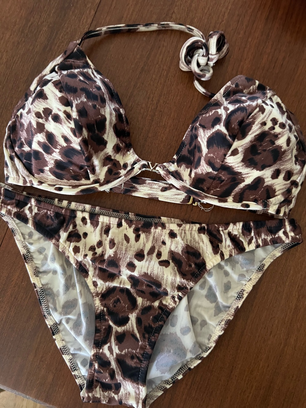 VENUS Leopard-Pattern Bikini Bottoms in Brown and Cream